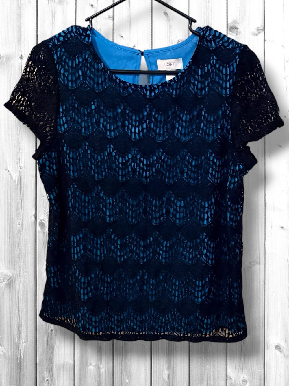 🌼LOFT Black Lace Overlay Short Sleeve Blouse with Teal Lining
